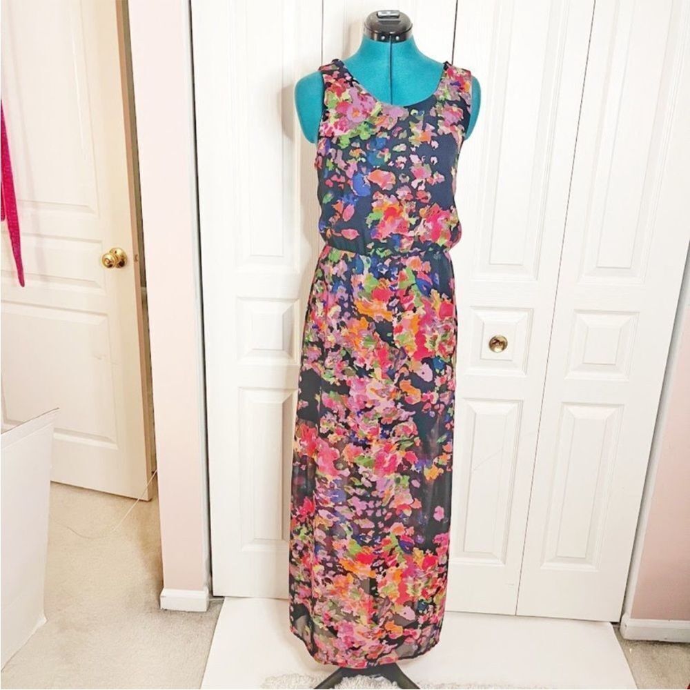 W118‎ Walter Baker Floral Marble Sleeveless Sheer Racerback Lined Maxi Dress sma
